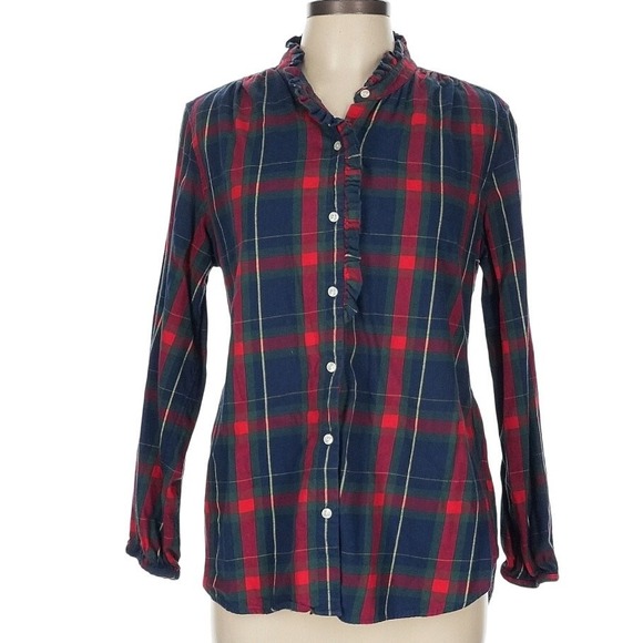 Trovata Birds of Paradis Tartan Plaid Michelle Button Down Shirt Ruffle Lrg Xmas - Picture 2 of 14